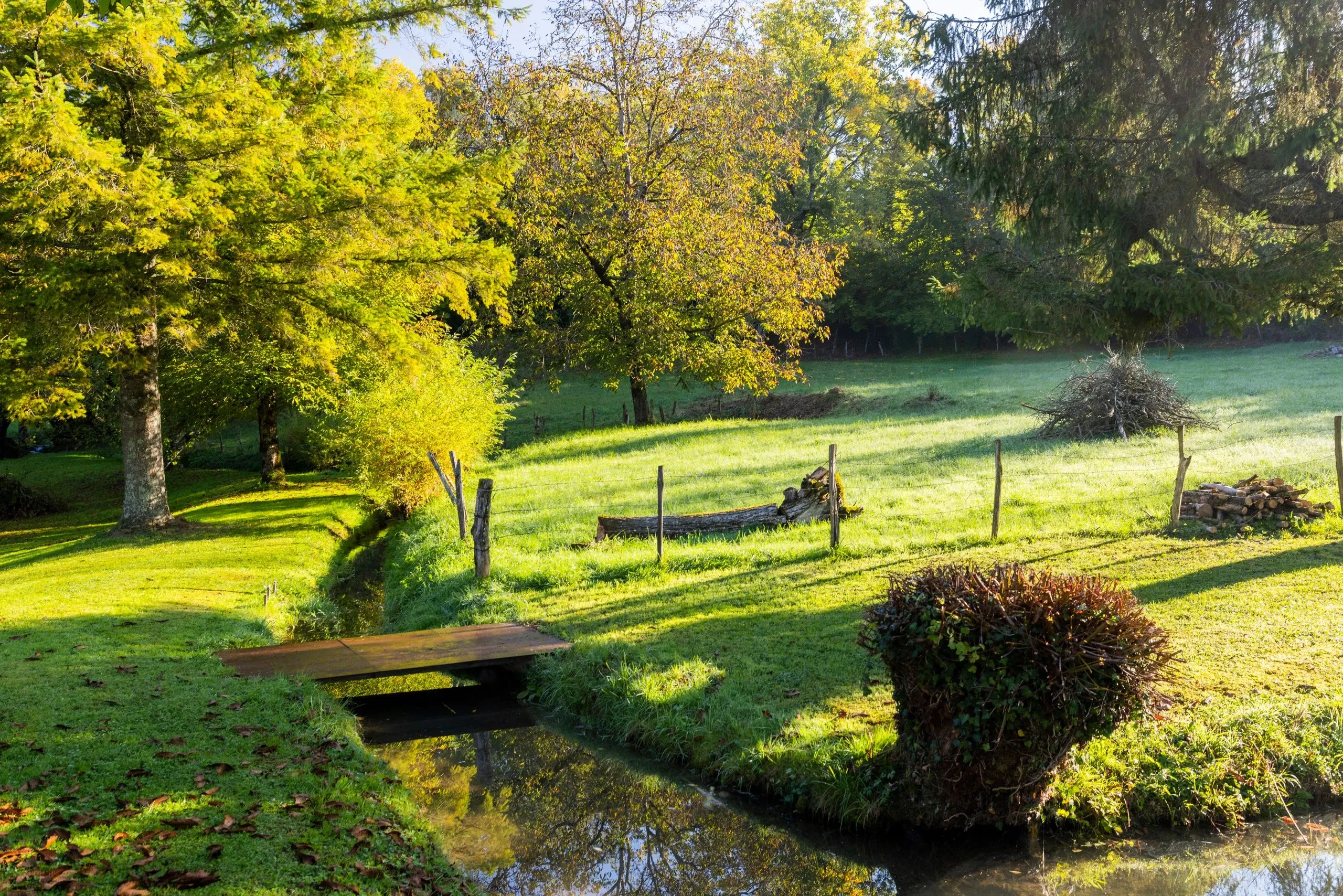 Petit pont en bois sur ruisseau dans prairie verdoyante - Hôtel avec piscine et spa dans le Jura - Domaine La Scierie